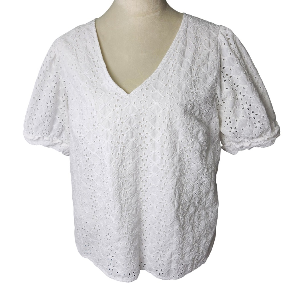 Draper James White Eyelet‎ Cotton V-Neck Puff Sleeve Blouse XL Heidi Peasant